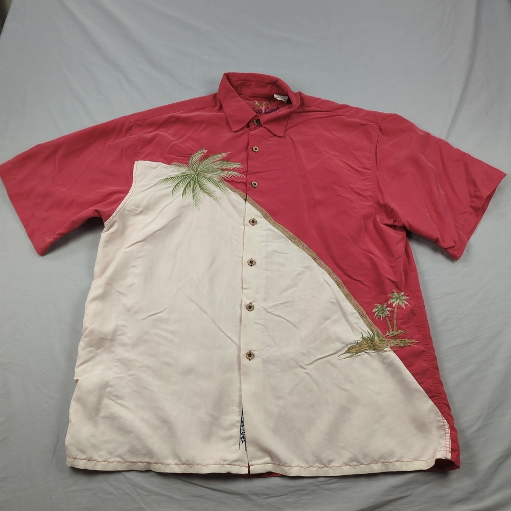 Bamboo Cay Shirt Mens Large Red Cream Embroidered Hawiian Palm Beachy Casual